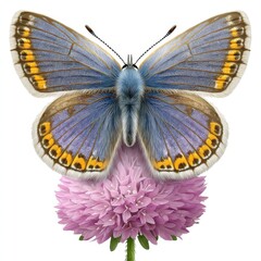 Vibrant Blue Purple Butterfly on Pink Flower White Background