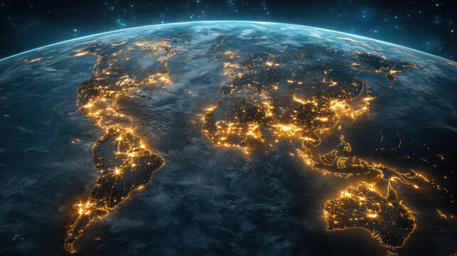 Illuminated globe showcasing global connectivity and urban areas night, highlighting supply