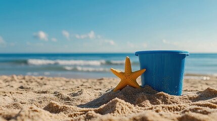Yellow Starfish and Blue Bucket on Sandy Beach