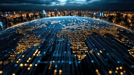 Digital globe with illuminated cities and data connections, showcasing global connectivity