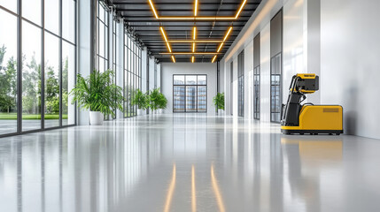 Modern training room featuring robotic warehouse simulator, bright lighting, and large windows
