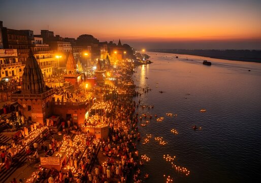 Sacred Varanasi ghats illuminated at sunset with ancient temples along Ganges river showing spiritual atmosphere and religious pilgrimage site