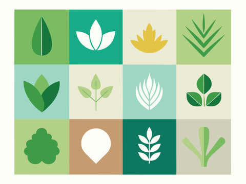 green eco icons set with leaves and nature symbols vector design