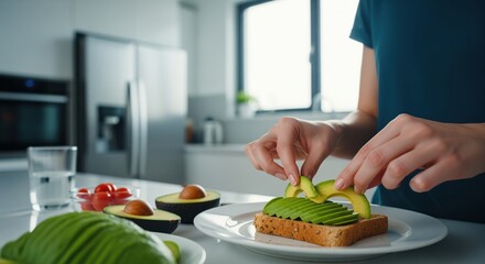 Woman preparing healthy avocado toast in a modern kitchen for a nutritious breakfast