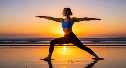 Woman in warrior II yoga pose on a beach at sunrise with dramatic golden light
