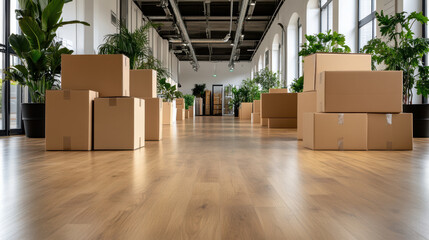 Spacious retail backroom filled with cardboard boxes and lush greenery, creating vibrant