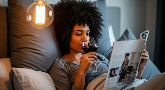 Relaxed woman with afro hairstyle sips red wine and reads magazine in cozy bed