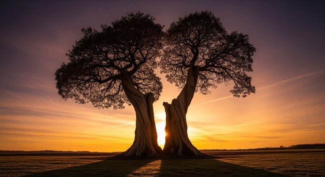 Dramatic golden hour sunset behind two ancient gnarled trees with intertwining trunks