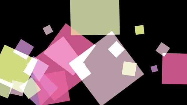 Abstract composition of overlapping translucent squares in various pastel colors against a black background