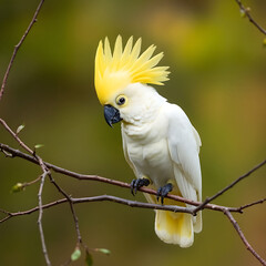 Beautiful sulphur-crested cockatoo perched on tree branch in natural forest habitat, tropical white parrot with yellow crest feathers, wildlife and exotic bird photography in nature