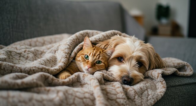 Cat and dog cuddling under blanket on sofa