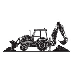 Naklejka premium A crisp black silhouette illustration of a heavy-duty backhoe loader, efficiently performing earthmoving and excavation tasks with its dual-purpose buckets.