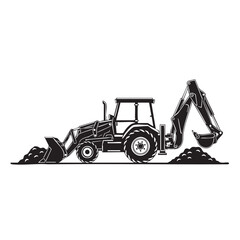 Naklejka premium A detailed monochrome vector illustration features a powerful backhoe loader actively engaged in earthmoving, showcasing its robust design for construction and excavation.