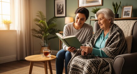 Fototapeta premium Young woman reading a book to an elderly woman at home, showing care and companionship