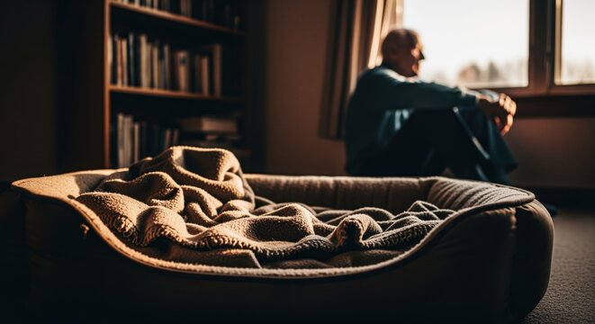 Empty dog bed with a soft blanket in warm light, elderly man sits by window in contemplation