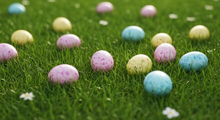 Fototapeta premium Easter eggs scattered on green grass