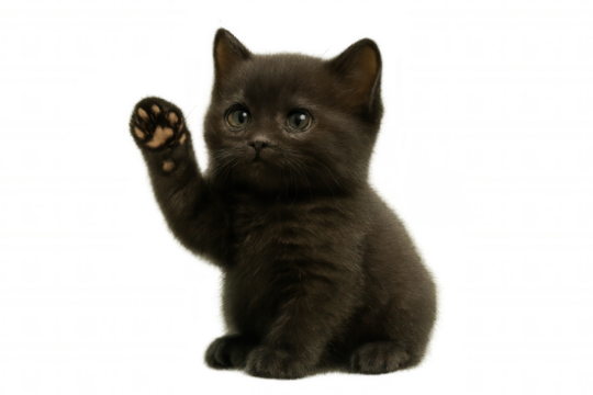 Black kitten waving paw, a small furry pet greeting, playful animal raising a paw for hello or attention