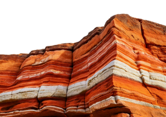 Layered rock formation showcasing dramatic orange and white stripes isolated on transparent or white background.