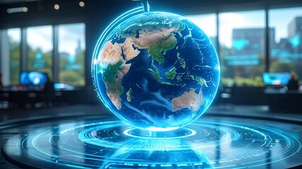 Futuristic Earth Globe Hologram Display in High-Tech Control Room Environment Rotating - Powered by Adobe