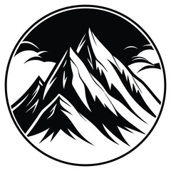 A black silhouette of a snow-covered mountain