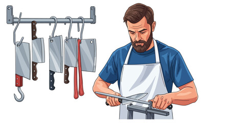 dedicated butcher sharpens cleaver, honing essential tools for expert service, isolated on transparent background