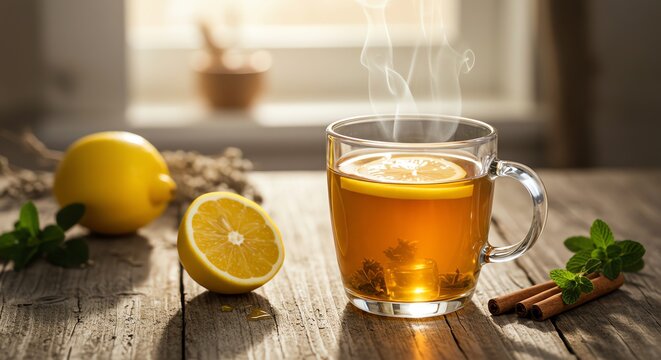 Hot tea with lemon and cinnamon on wooden table - Powered by Adobe