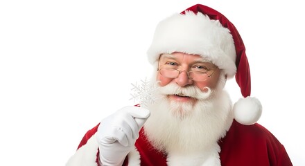 Naklejka premium A jolly Santa Claus wearing his iconic red suit and hat, holding a snowflake and smiling warmly.