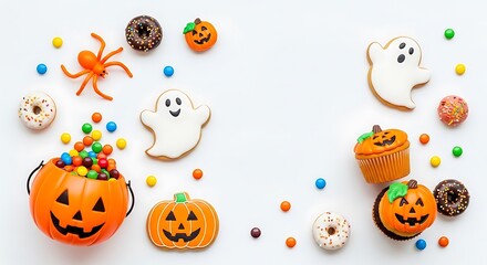 Fototapeta premium Illustration of halloween candy and decorations on white background, isolated on white background