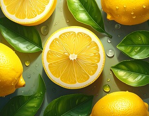 Artistic depiction of lemons, leaves, and water droplets on a green surface