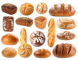 Assorted breads, rolls, and baguettes isolated on a white background