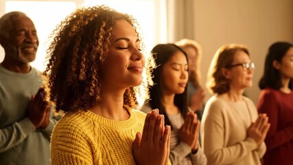Diverse group of people, eyes closed in prayer, hands together, bathed in warm sunlight