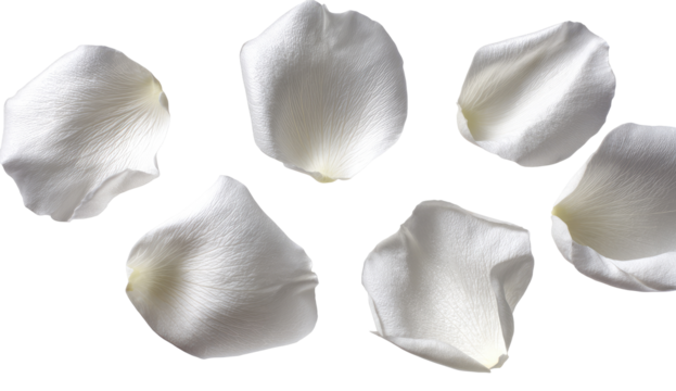 Seven white rose petals, arranged loosely on a transparent background - Powered by Adobe