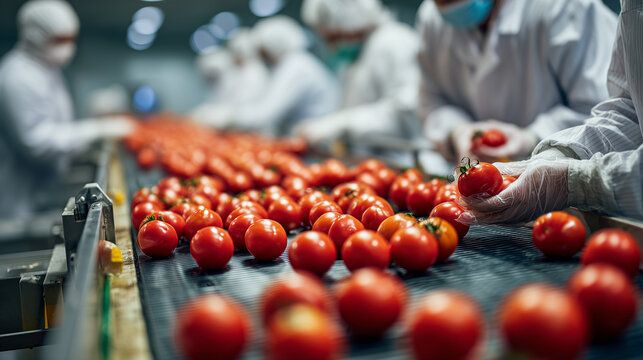 Workers sort fresh tomatoes in a busy production line at a food processing plant