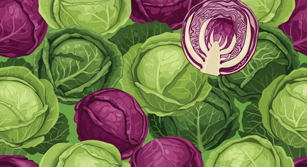 Obraz premium A vibrant pixel art pattern featuring whole green and purple cabbages with a slice of red cabbage showing its core.