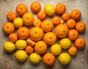 Assortment of citrus fruits, oranges, lemons, and mandarins on a surface