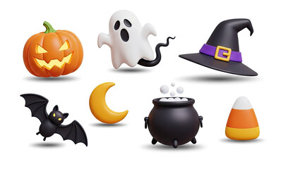 Fototapeta premium Halloween icons set with pumpkin, ghost, witch hat, bat, moon, cauldron, and candy corn.