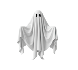 A white ghost with black eyes and a white sheet covering its body, standing against a white background.