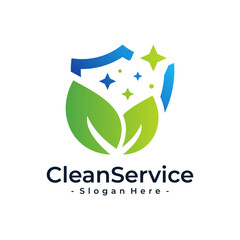 Green Shield Logo Vector with Leaf Icon. Design template for technology-based eco-friendly cleaning services.
