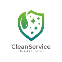 Creative Green Shield Logo Vector with Leaf Icon. Design template for technology-based eco-friendly cleaning services.