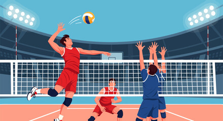 Volleyball players in action during a match one spiking the ball.