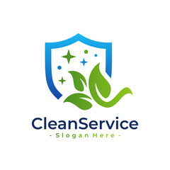 Green Shield Logo Vector with Leaf Icon. Design template for technology-based eco-friendly cleaning services.