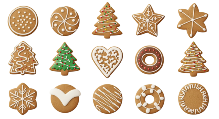 A collection of decorated gingerbread cookies with a Christmas theme.