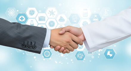 Doctor and businessman shaking hands in agreement with medical icons in the background