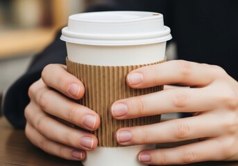 Hands holding a warm cup of coffee in cardboard sleeve