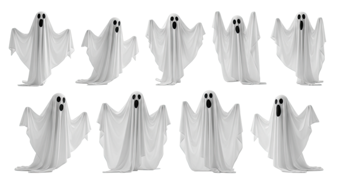 A group of white ghosts with black eyes and mouths, standing in a row on a white background.