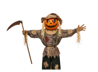 A pumpkin head scarecrow with a scythe in its hand, dressed in a plaid shirt and hat, standing against a white background.