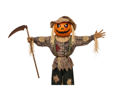 A pumpkin head scarecrow with a scythe in its hand, dressed in a plaid shirt and hat, standing against a white background.