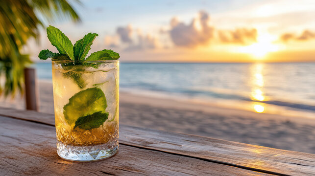 Refreshing mojito with mint leaves on wooden table, golden beach sunset backdrop