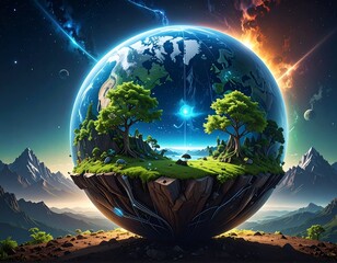Artistic depiction of Earth with landmass inside a floating sphere
