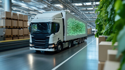 Sustainable logistics truck moving through modern warehouse with green technology displays